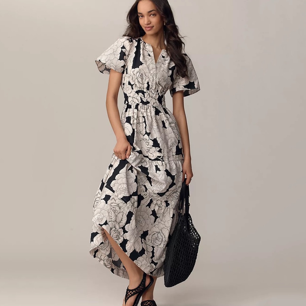 Anthropologie The Somerset Maxi Dress White Rose Floral Peony L Large - Picture 4 of 5